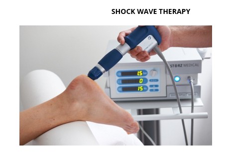 Shockwave therapy device applied to patient for pain relief and tissue healing